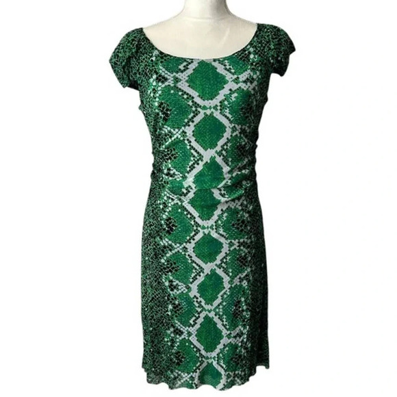KAY Unger Green/Black Animal Print Ruched Dress - size Large - Picture 1 of 9